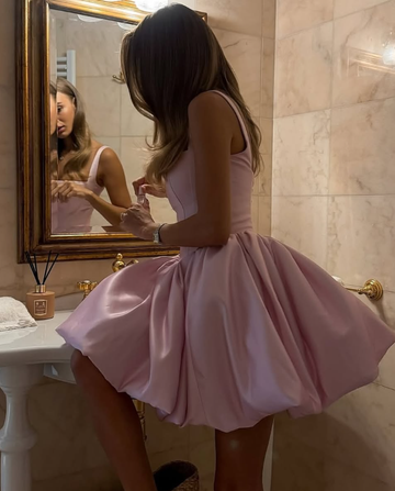 Simple A Line Spaghetti Strap Pink Satin Short Homecoming Dress Cocktail Dress HZ1023